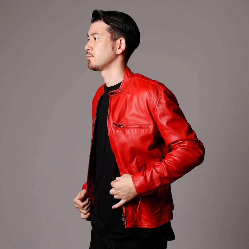 レザージャケット メンズ 本革 赤 レッド シングルライダース