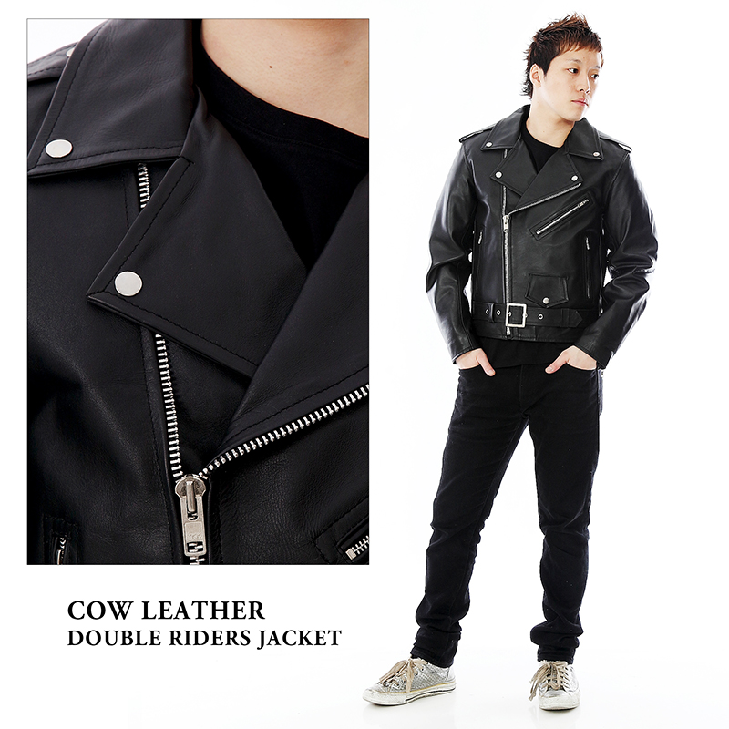 牛革 ダブルライダースジャケット メンズ ブラック/ホワイト S/M/L/LL
