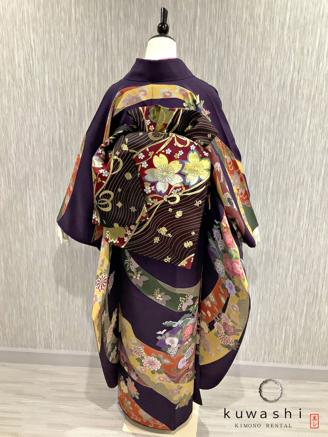 正絹振袖レンタル】 80013 深紫熨斗目彩花正絹振袖袋帯セット