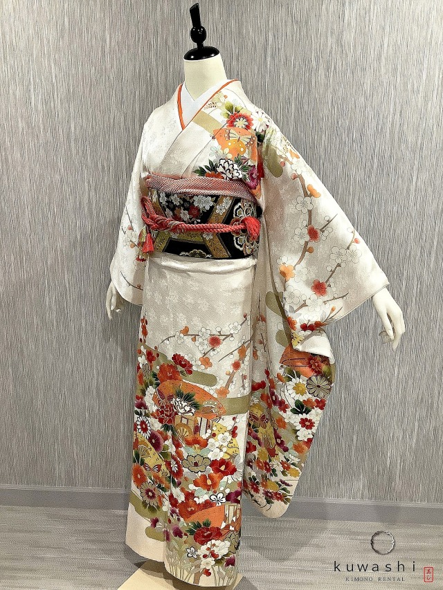 正絹振袖レンタル】 80003 パールホワイト花蝶地紋正絹振袖袋帯