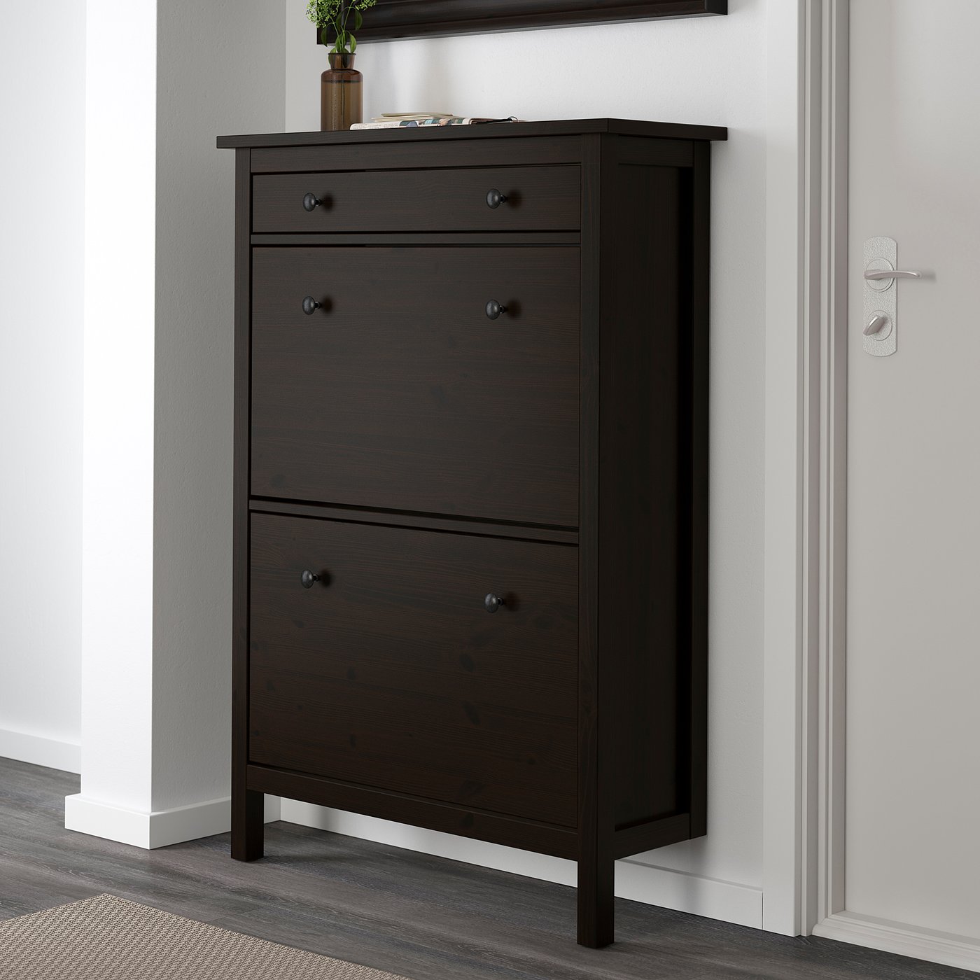 HEMNES shoe cabinet with 2 compartments, black-brown, 89x30x127 cm