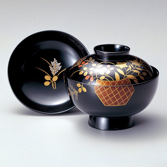 良品】輪島塗 美術漆器 菊詰沈金 吸物椀5客 汁椀/お椀 輪島漆器商会