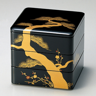 三段重 松竹梅蒔絵 黒内朱 6.5寸 漆塗り 木製 12-14702 漆器の井助