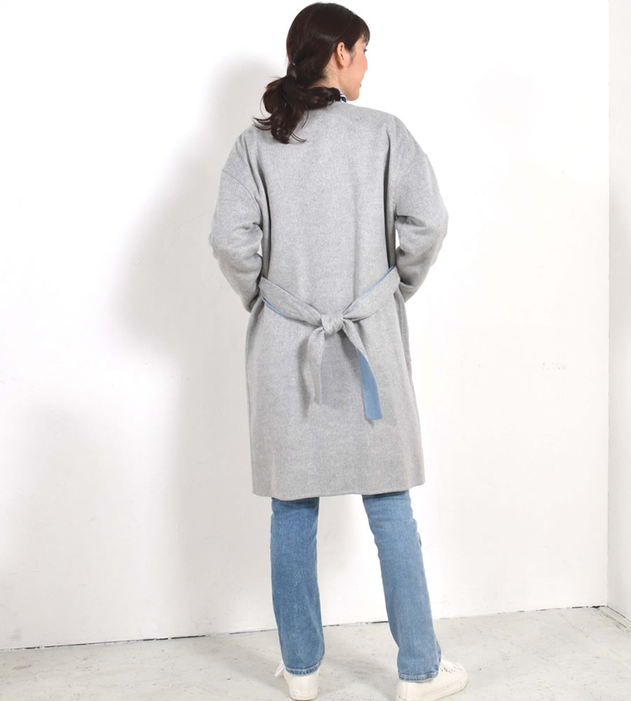 Merfirge]ウール混 ダブル フェイス ラップノーカラー コート