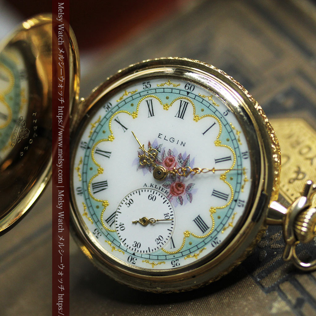 金と緑の華やかな装飾に薔薇の花 エルジンの金無垢アンティーク懐中時計