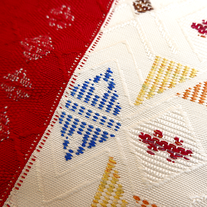 帯屋捨松 西陣織八寸帯【幾何学模様 白×赤】 [220310-sutematu-4