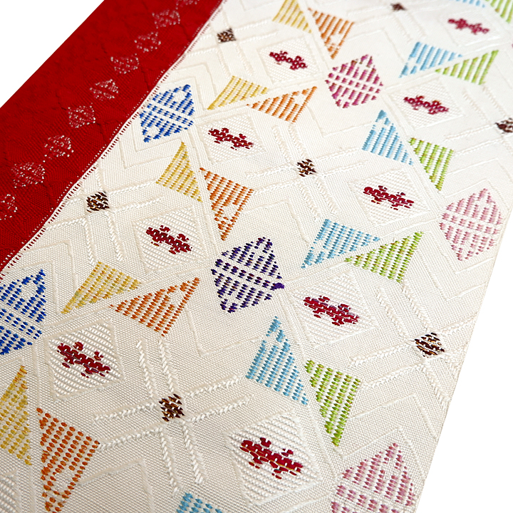 帯屋捨松 西陣織八寸帯【幾何学模様 白×赤】 [220310-sutematu-4