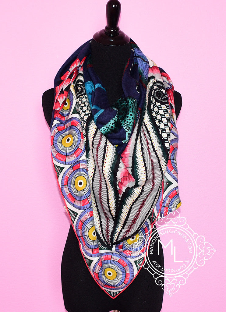 Hermes Cashmere 140 GM The Savana Dance Blue Red Shawl Scarf Wrap