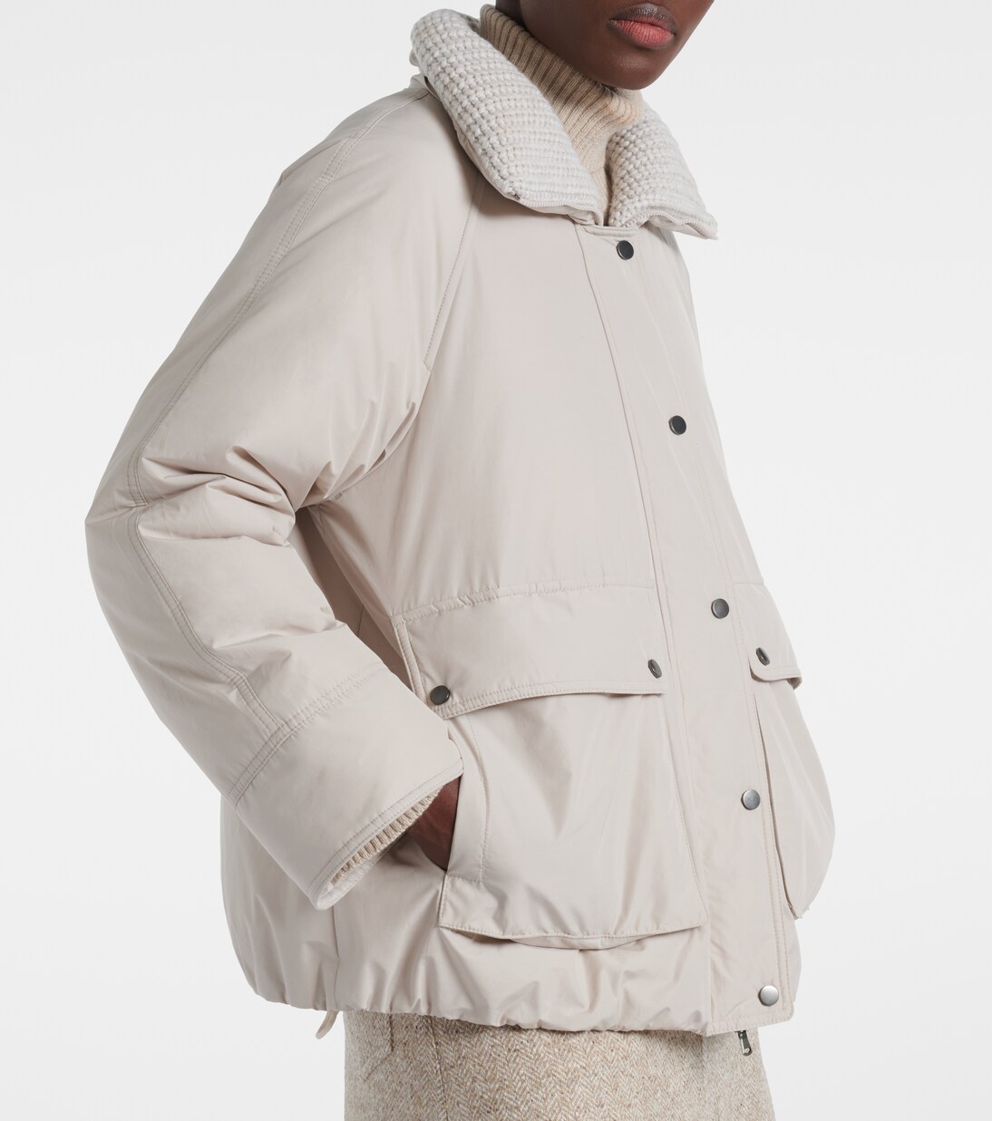 Shearling-trimmed taffeta down jacket in grey - Brunello Cucinelli