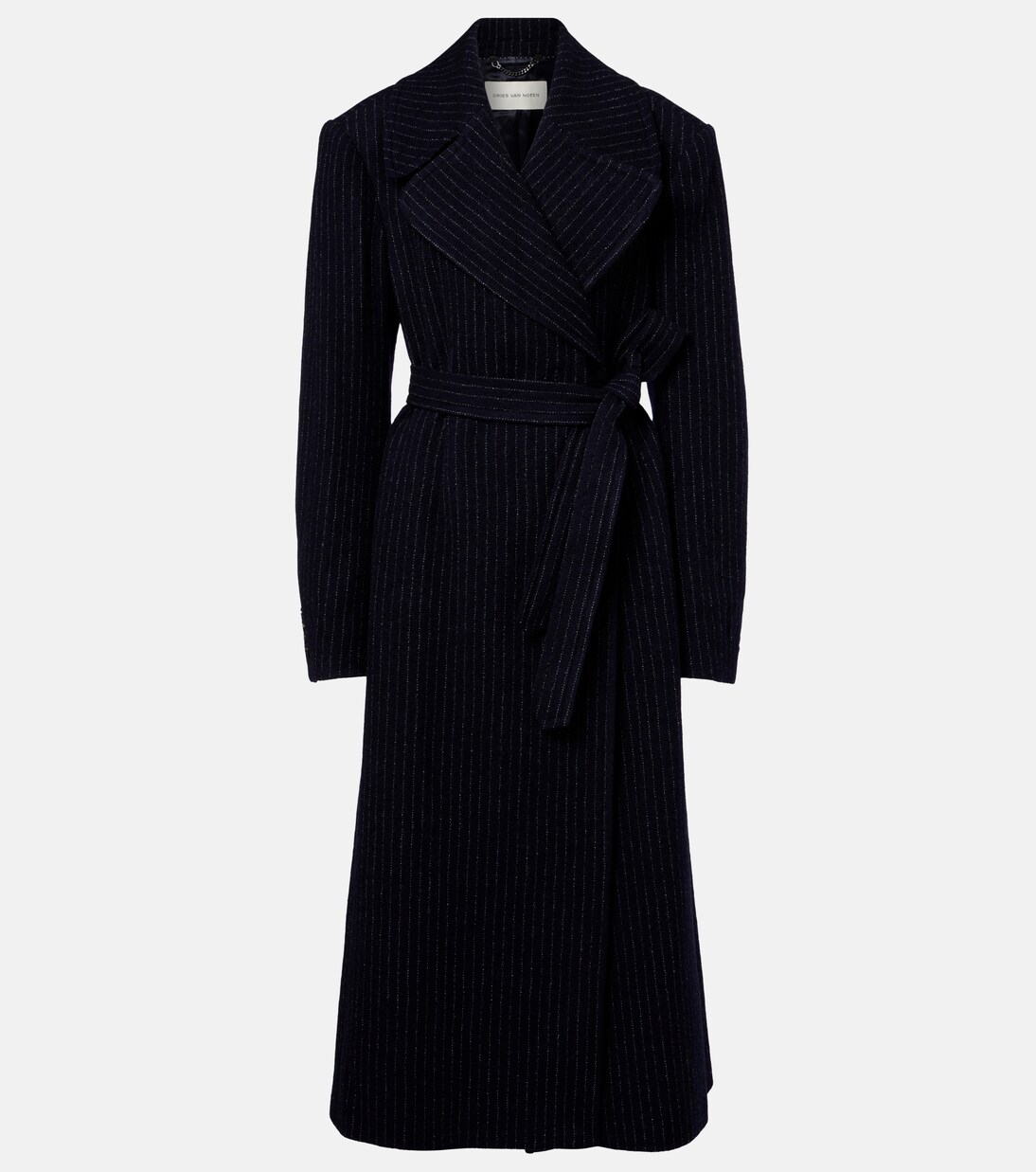 Belted pinstriped wool coat in blue - Dries Van Noten | Mytheresa