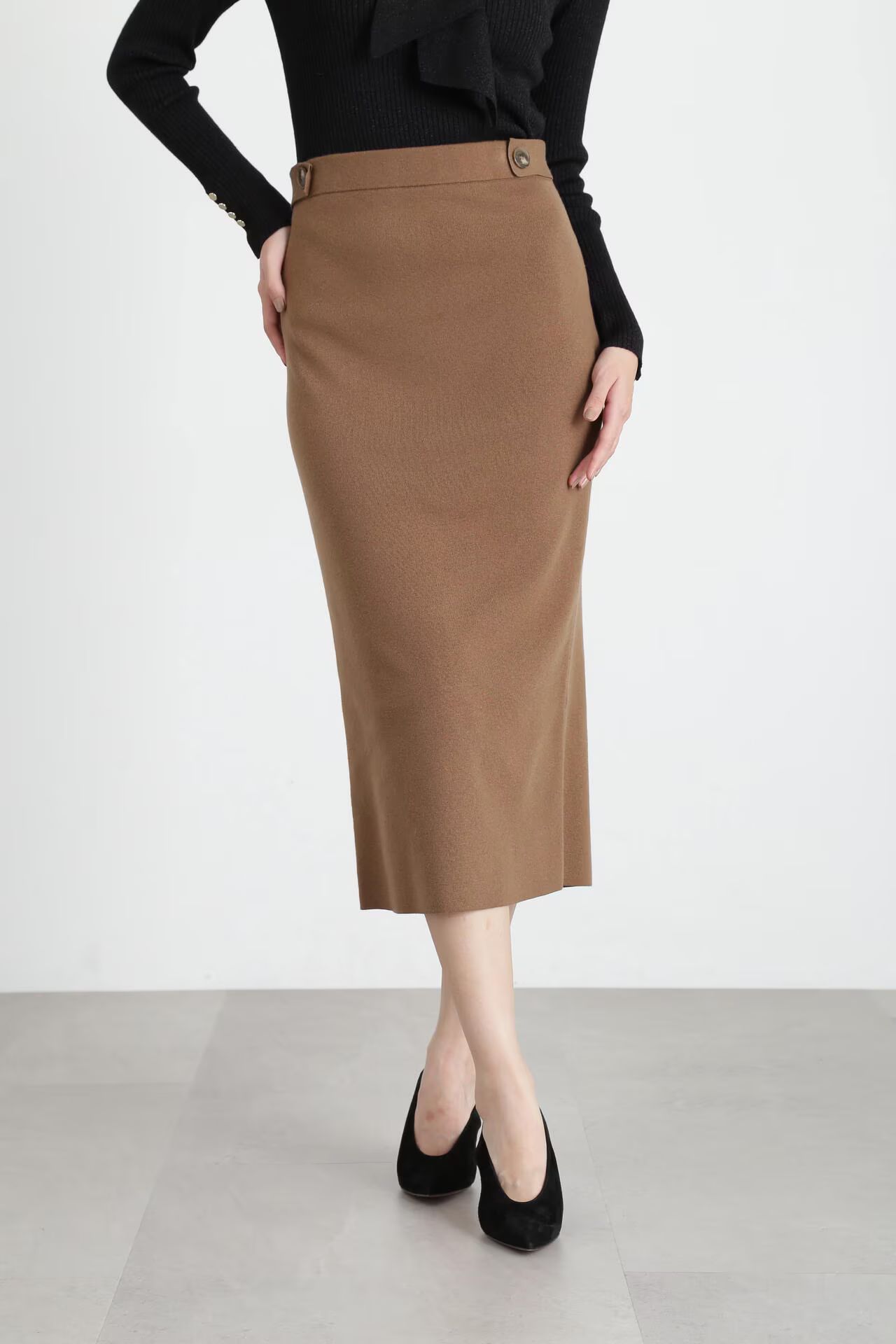 PINKY&DIANNE - 総針ニットタイトスカート (ベージュ) / ポリエステル