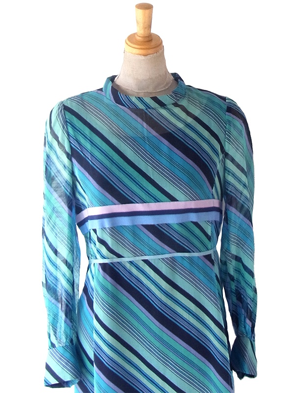 送料無料】70年代製 水色 X パープル・ブラック ストライプ ピンク