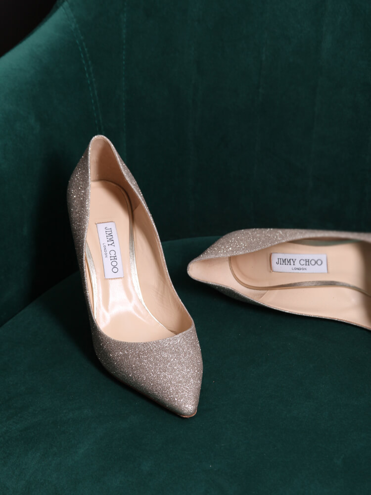 Jimmy Choo - Romy 100 Dusty Glitter Pointy Toe Pumps Platinum Ice
