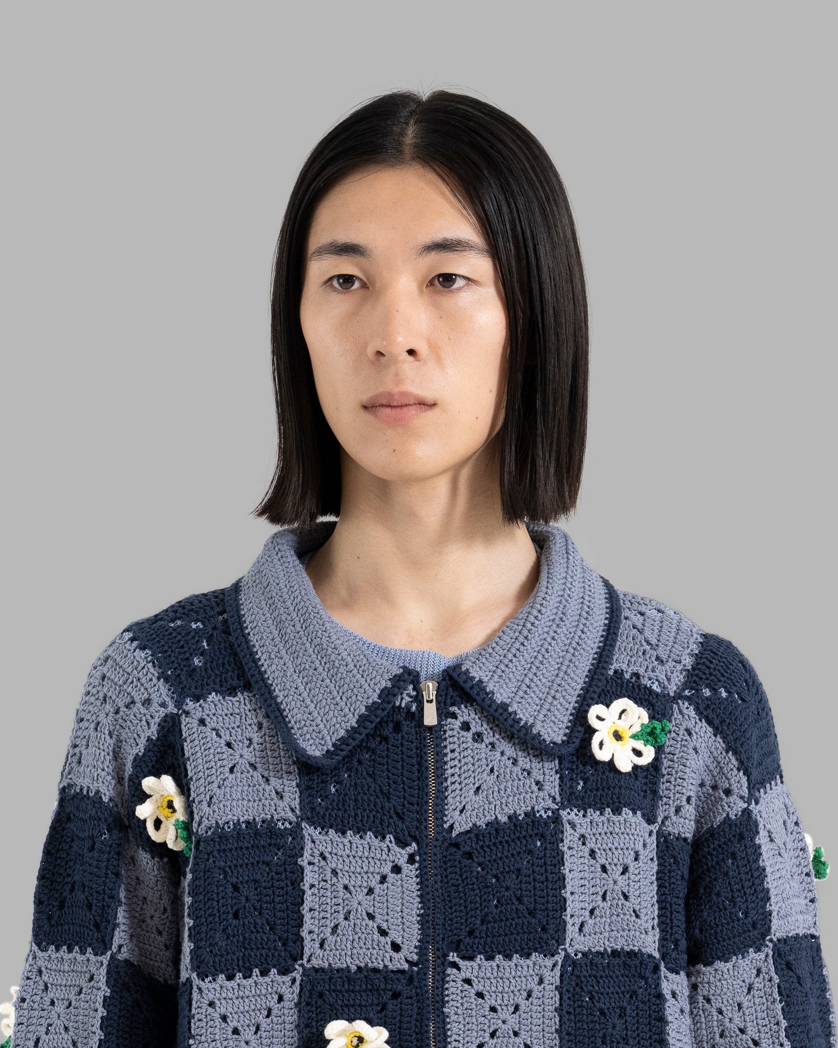 CROCHET FLOWER MOTIF HAND KNIT JACKET - NAVY / LIGHT BLUE
