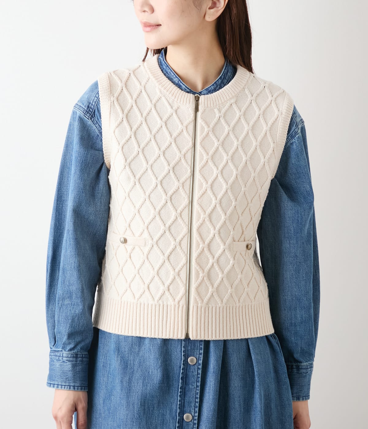 手洗い可能】ウール混リリヤーン ダイヤ柄ニットベスト(51796611-2025