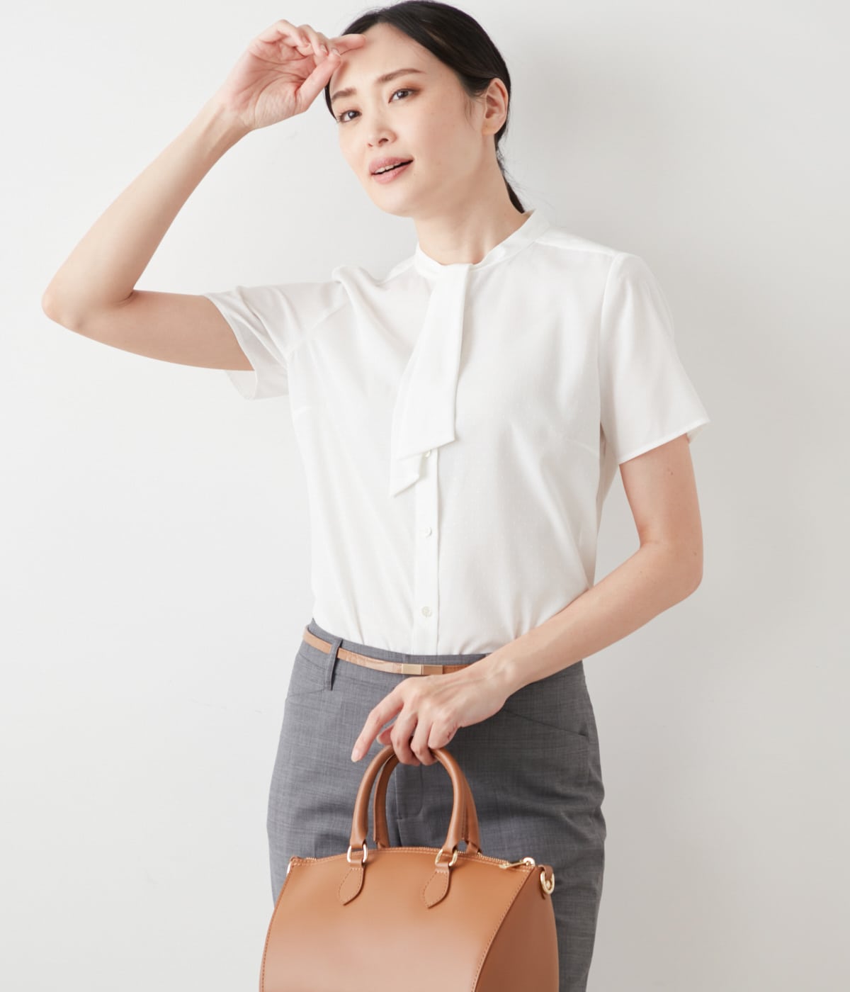 L】ミニドットデシン 2WAYボウタイ半袖ブラウス(54655311-2025