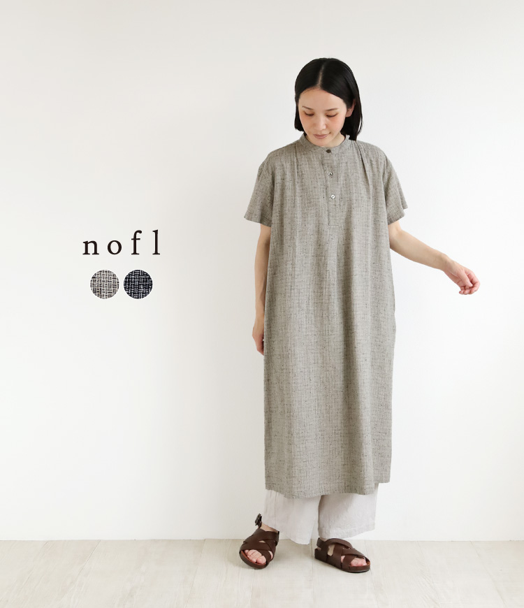 nofl】コットンリネンタック半袖ワンピース（刷毛目風チェック