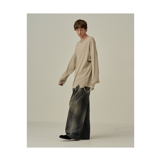 ANCELLM（アンセルム） DAMAGE WAFFLE CREW LS T-SHIRT(GREIGE) s.t.c