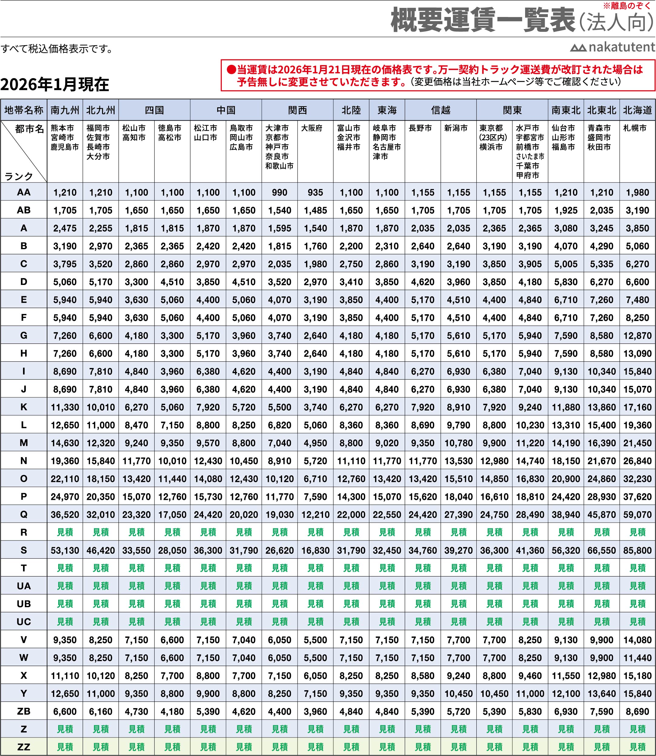 概要運賃一覧表（法人向）：中津テント株式会社