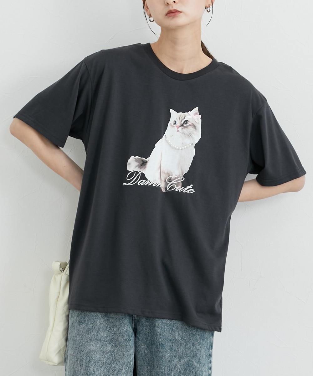 パールモチーフ付ねこちゃんプリントTシャツ 通販【ニッセン】