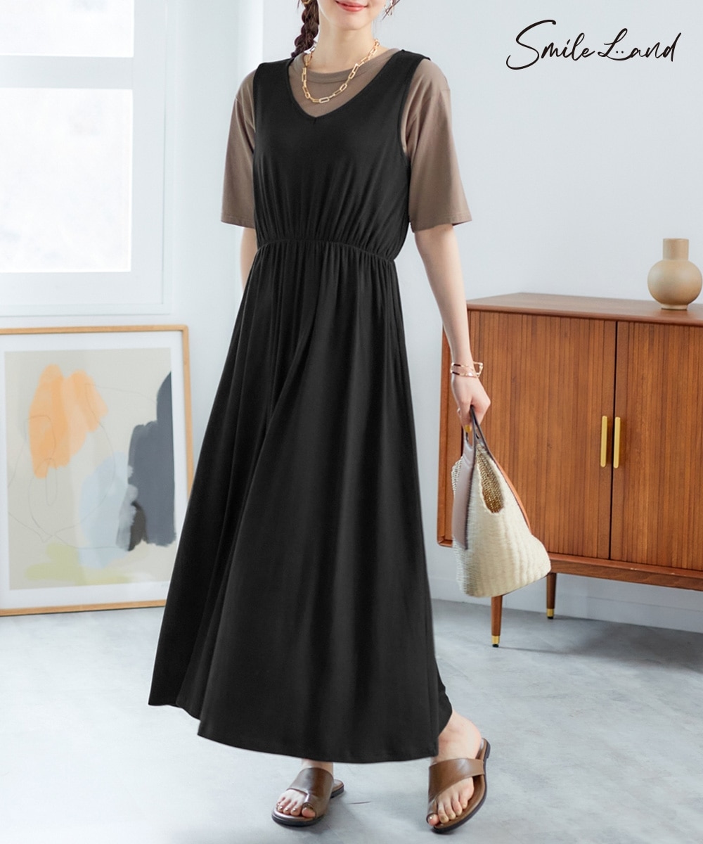 大きいサイズ リブカットソーロング丈フレアワンピース 通販【ニッセン】