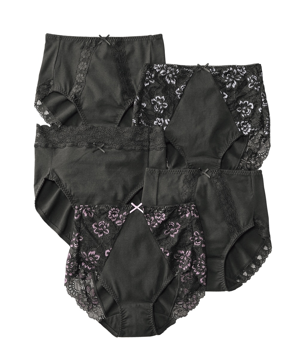 n，KURO 綿混ストレッチ デザインレーシー深ばき丈ショーツ5枚組