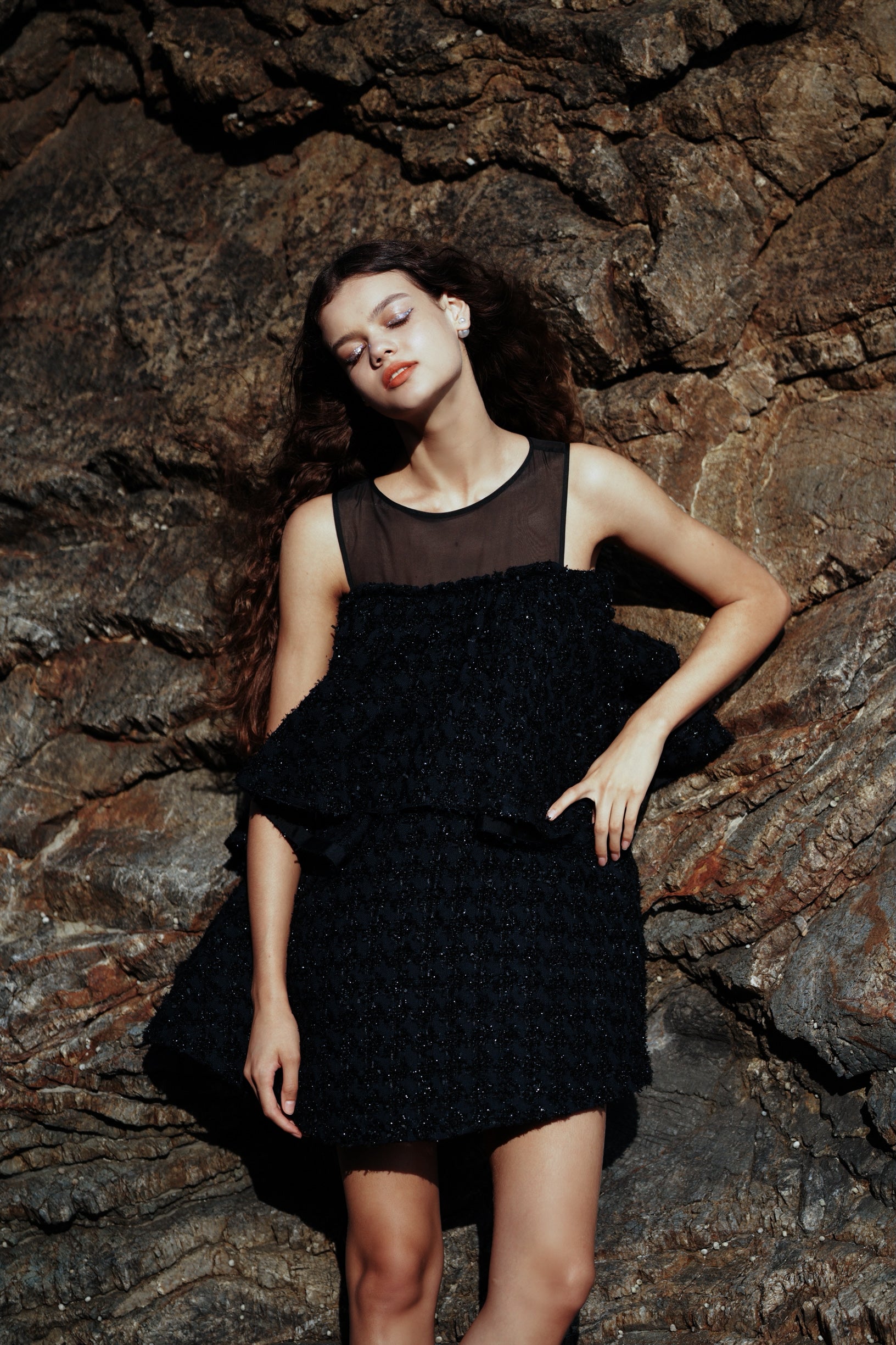 sheer x tweed ruffle mini dress – shéller / シェリエ