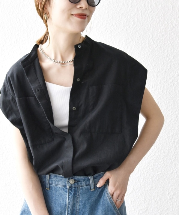 SHIPS any:〈洗濯機可能〉リネン コットン バンドカラー フレンチ