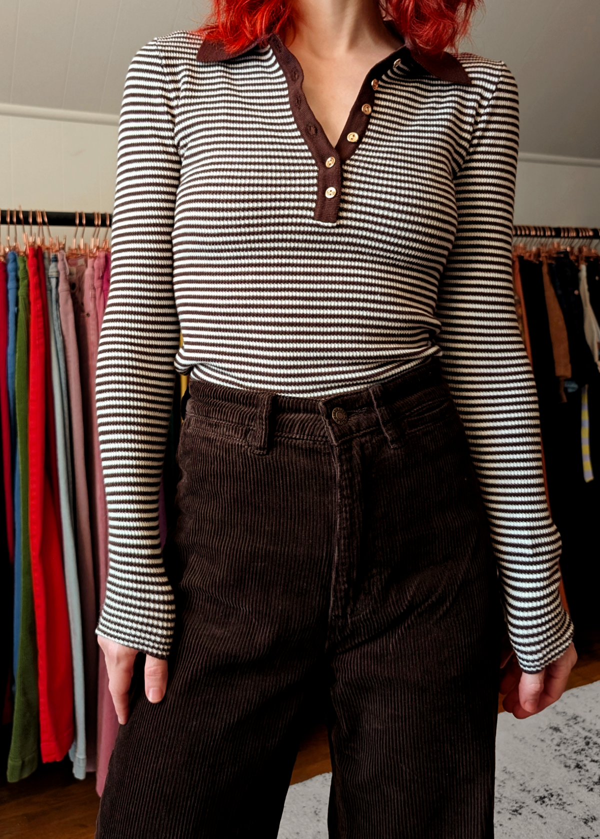 Chocolate Brown Stripe Lady Long Sleeve Rib Polo Shirt By Rolla's