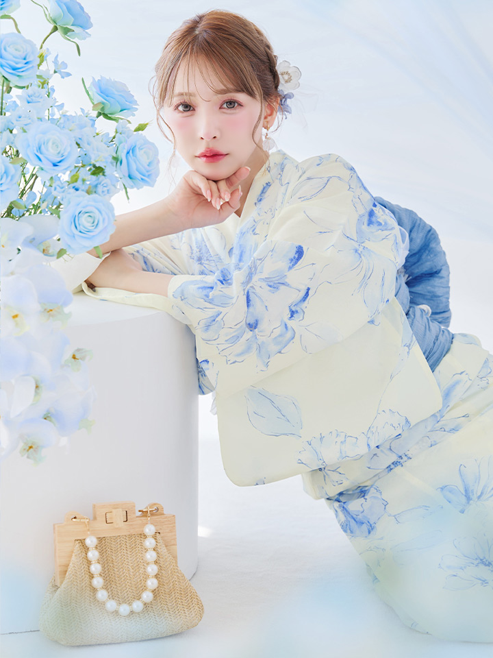 即日発送】グラデーションブルー牡丹和モダン浴衣【浴衣3点セット