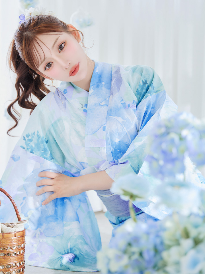 即日発送】ブルーミントの水彩浴衣【浴衣3点セット 浴衣/帯/下駄
