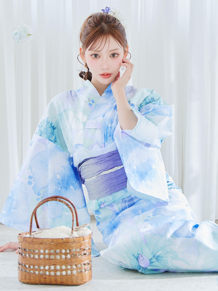 即日発送】ブルーミントの水彩浴衣【浴衣3点セット 浴衣/帯/下駄