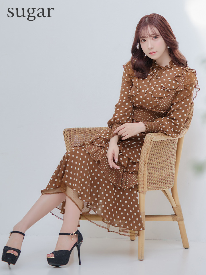 ERUKEI エルケイ】ドット/ ロングスリーブ/ 長袖/フリルデザイン/ 膝丈