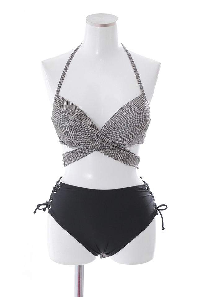 即日発送】【ビキニ】【水着】ブラウンチェックハイウエストビキニ