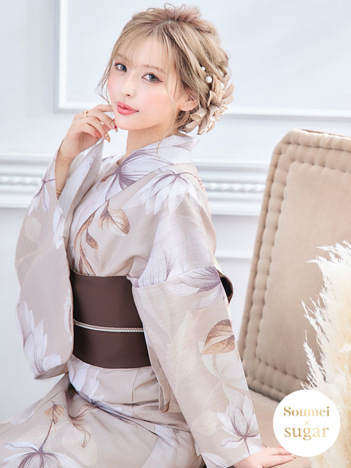 即日発送】【浴衣】ホワイトフラワーブラウン浴衣【浴衣3点セット