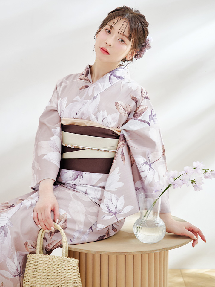 即日発送】【浴衣】ホワイトフラワーブラウン浴衣 【浴衣3点セット