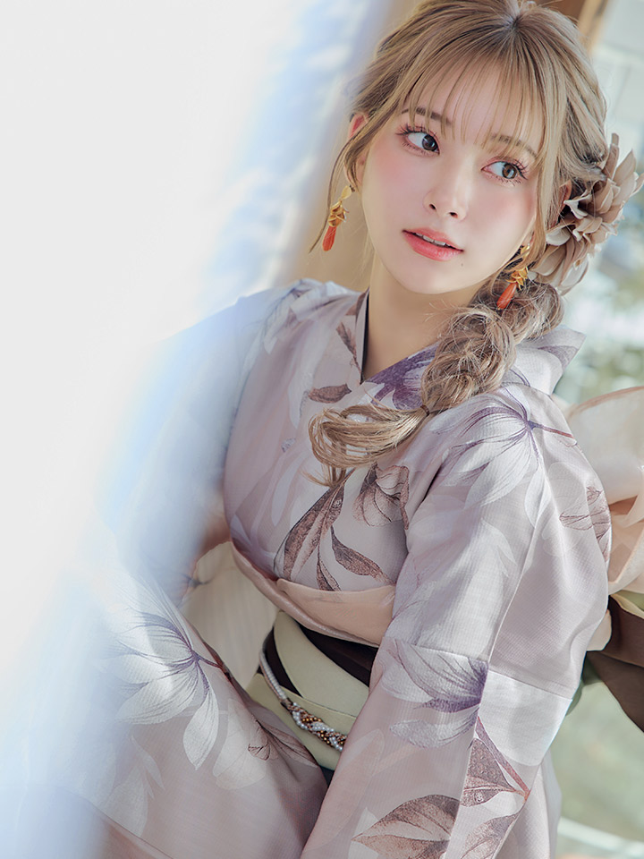 即日発送！】【浴衣】ホワイトフラワーブラウン浴衣 【浴衣3点セット