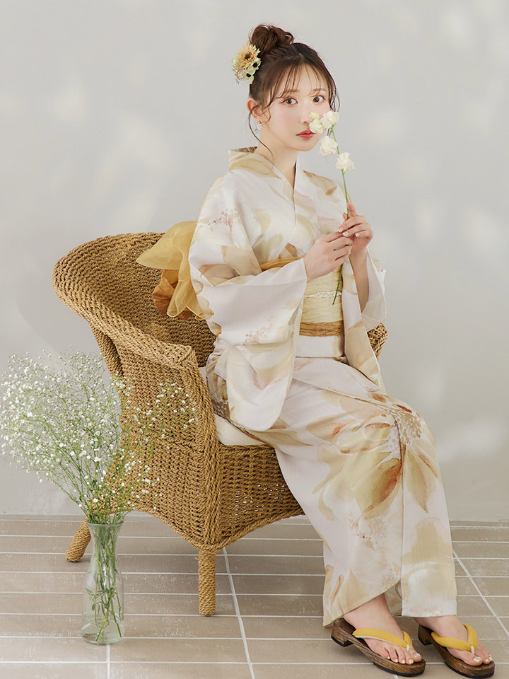 即日発送！】水彩イエローフラワー浴衣【浴衣3点セット 浴衣/帯/下駄