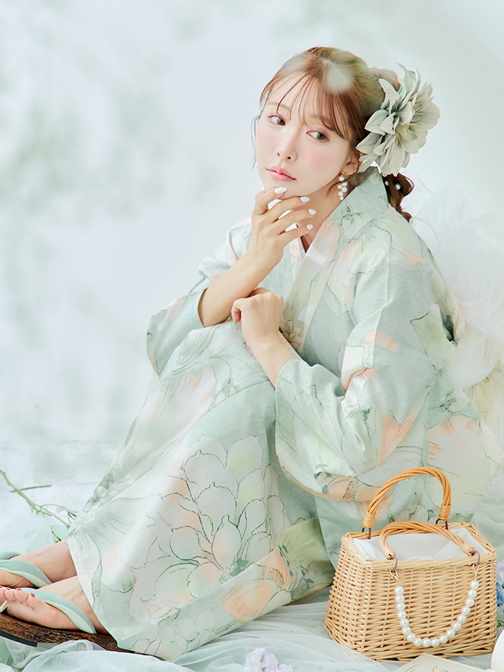 即日発送】アイシーミントフラワー浴衣【浴衣3点セット 浴衣/帯/下駄