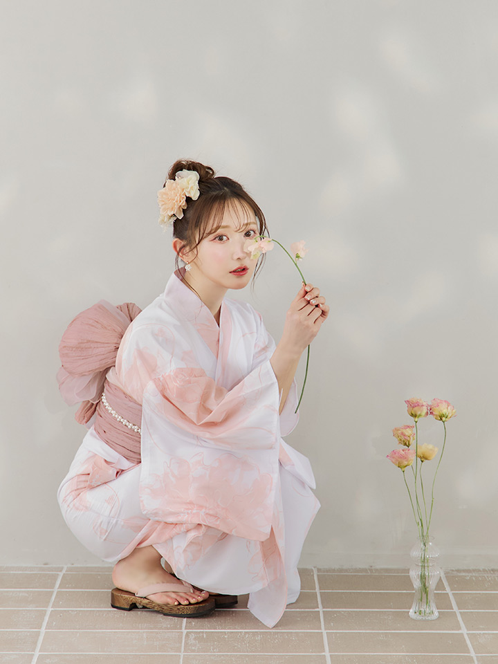 即日発送】ニュアンスピンクフラワー浴衣【浴衣3点セット 浴衣/帯