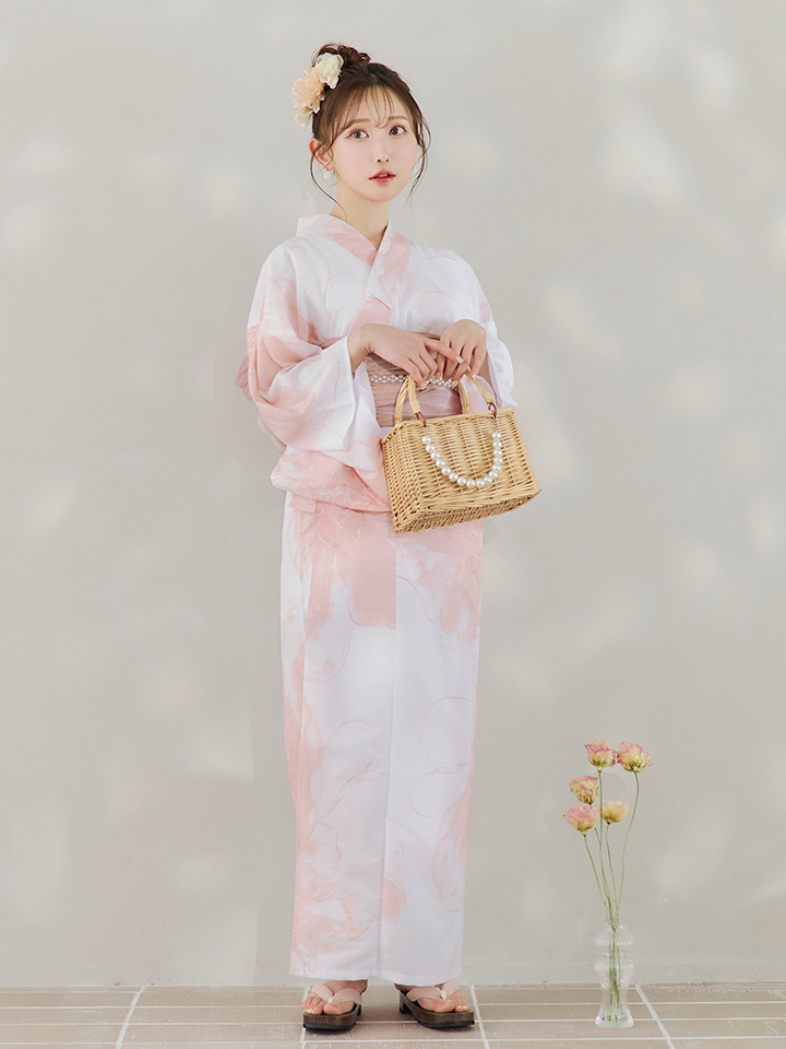 即日発送】ニュアンスピンクフラワー浴衣【浴衣3点セット 浴衣/帯