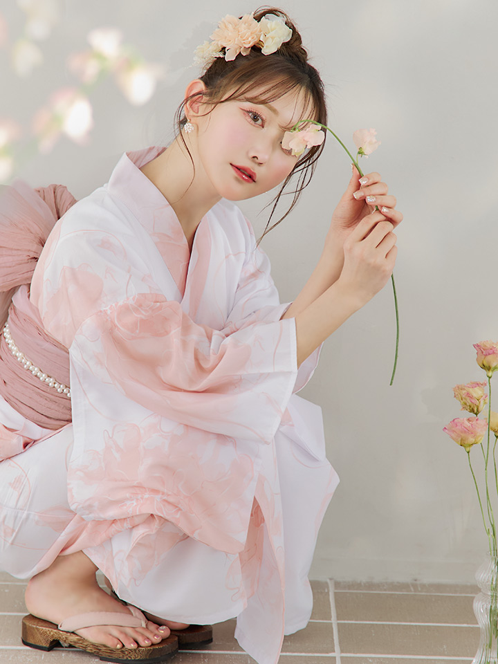 即日発送】ニュアンスピンクフラワー浴衣【浴衣3点セット 浴衣/帯