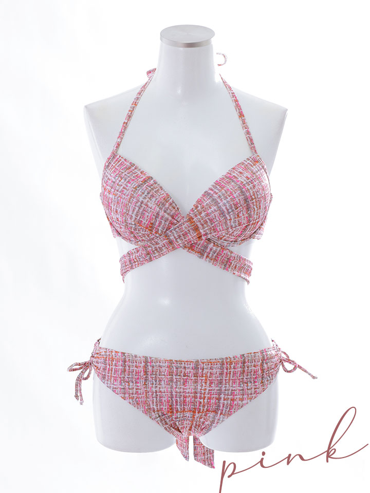 即日発送】【ビキニ】【水着】ツイードプリント バッククロスリボン