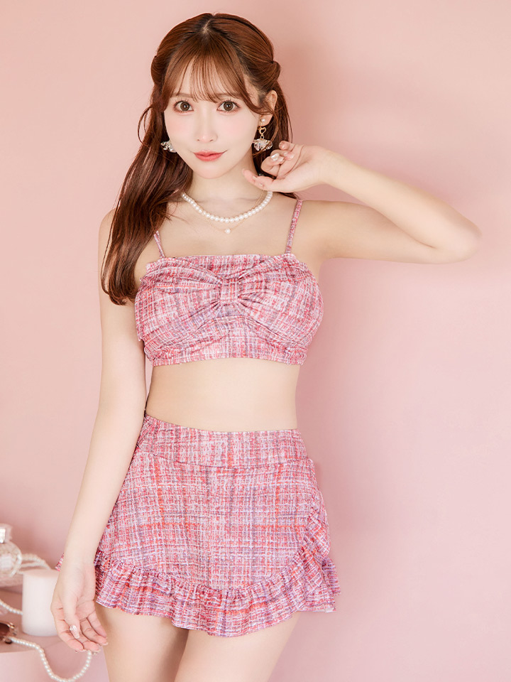 即日発送】【ビキニ】【水着】2WAYツイード柄ビッグリボンビキニ 2点