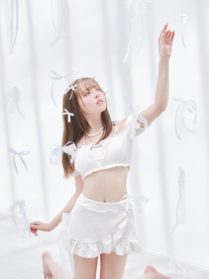 即日発送】【ビキニ】【水着】袖付きシャーリングトップス 4点セット