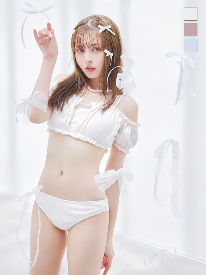 即日発送】【ビキニ】【水着】袖付きシャーリングトップス 4点セット