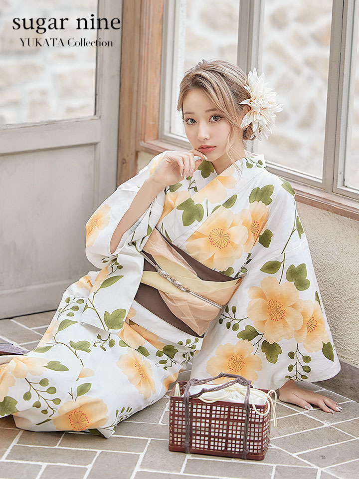 即日発送】【浴衣セール】【浴衣】白地に黄色い花浴衣セット[OF04