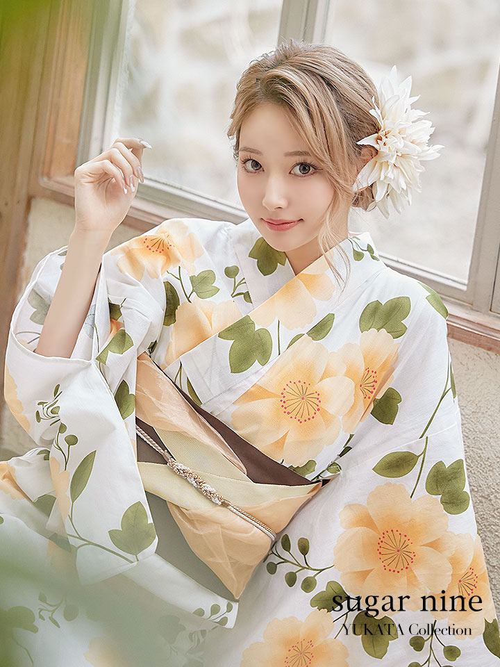 即日発送】【浴衣セール】【浴衣】白地に黄色い花浴衣セット[OF04