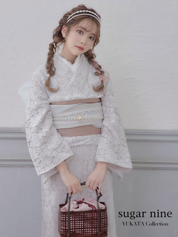 即日発送】【浴衣】ピンク地×白レース浴衣 【浴衣3点セット 浴衣/帯