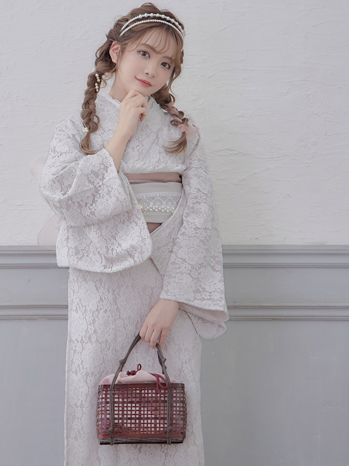 即日発送】【浴衣】ピンク地×白レース浴衣 【浴衣3点セット 浴衣/帯